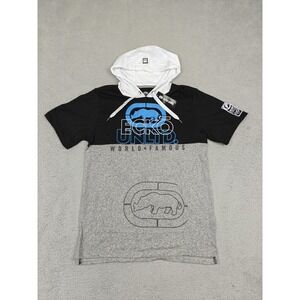 Ecko Unltd Shirt Mens Medium Grey Marled Hooded Short Sleeve Rhino E012K897